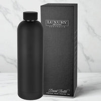 Matte black insulated drink bottle with luxury packaging, double-walled stainless steel, 750ml