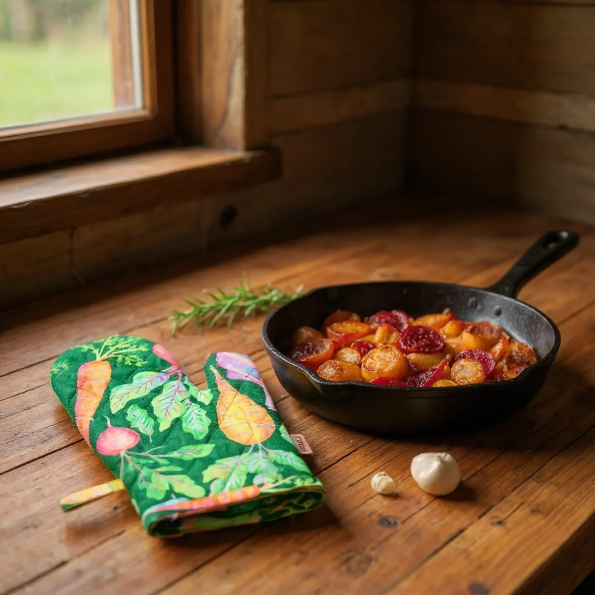Colorful vegetable-print oven mitt beside cast iron skillet with roasted veggies on rustic wood table near window