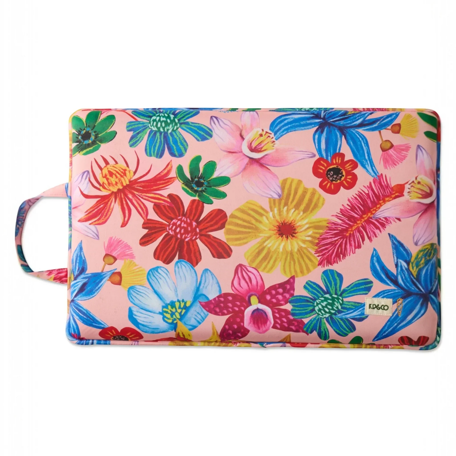 Vibrant floral print cushion with colorful blooms and handle, perfect for home décor or outdoor use.