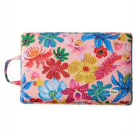 Vibrant floral print cushion with colorful blooms and handle, perfect for home décor or outdoor use.