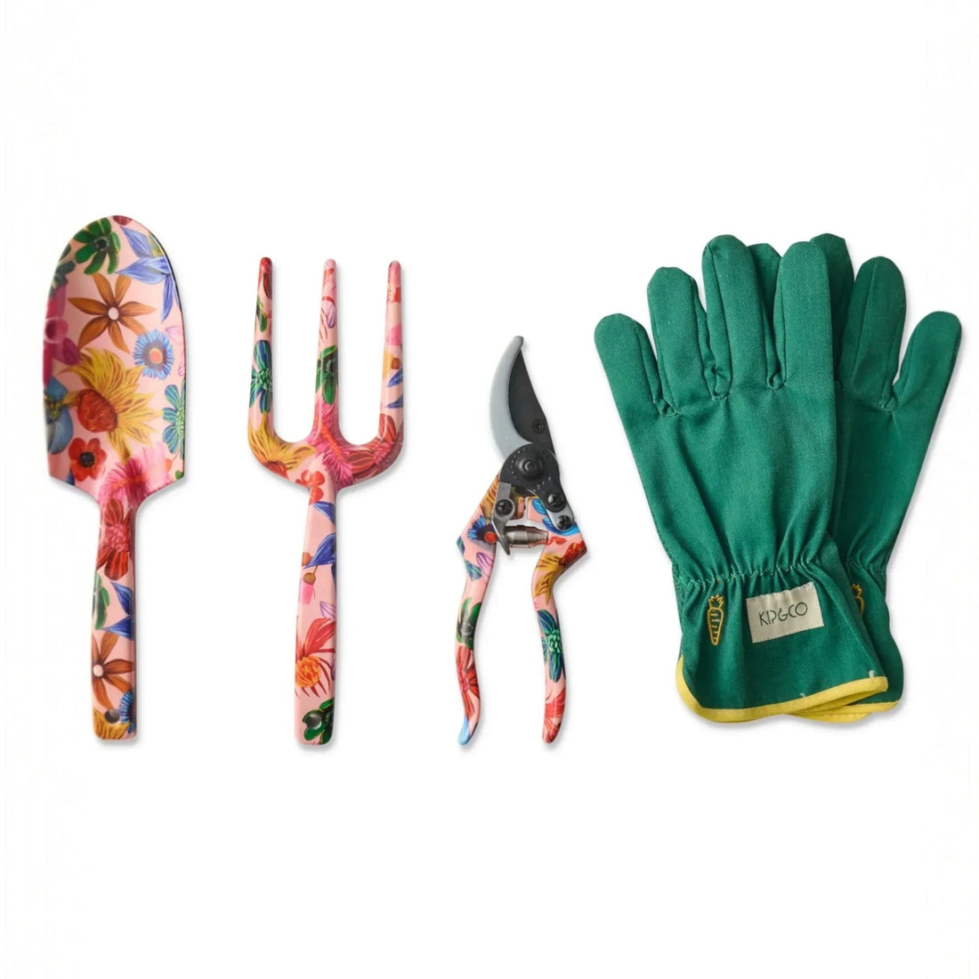 Floral garden tools set with trowel, fork, pruners, and green gloves for home gardening