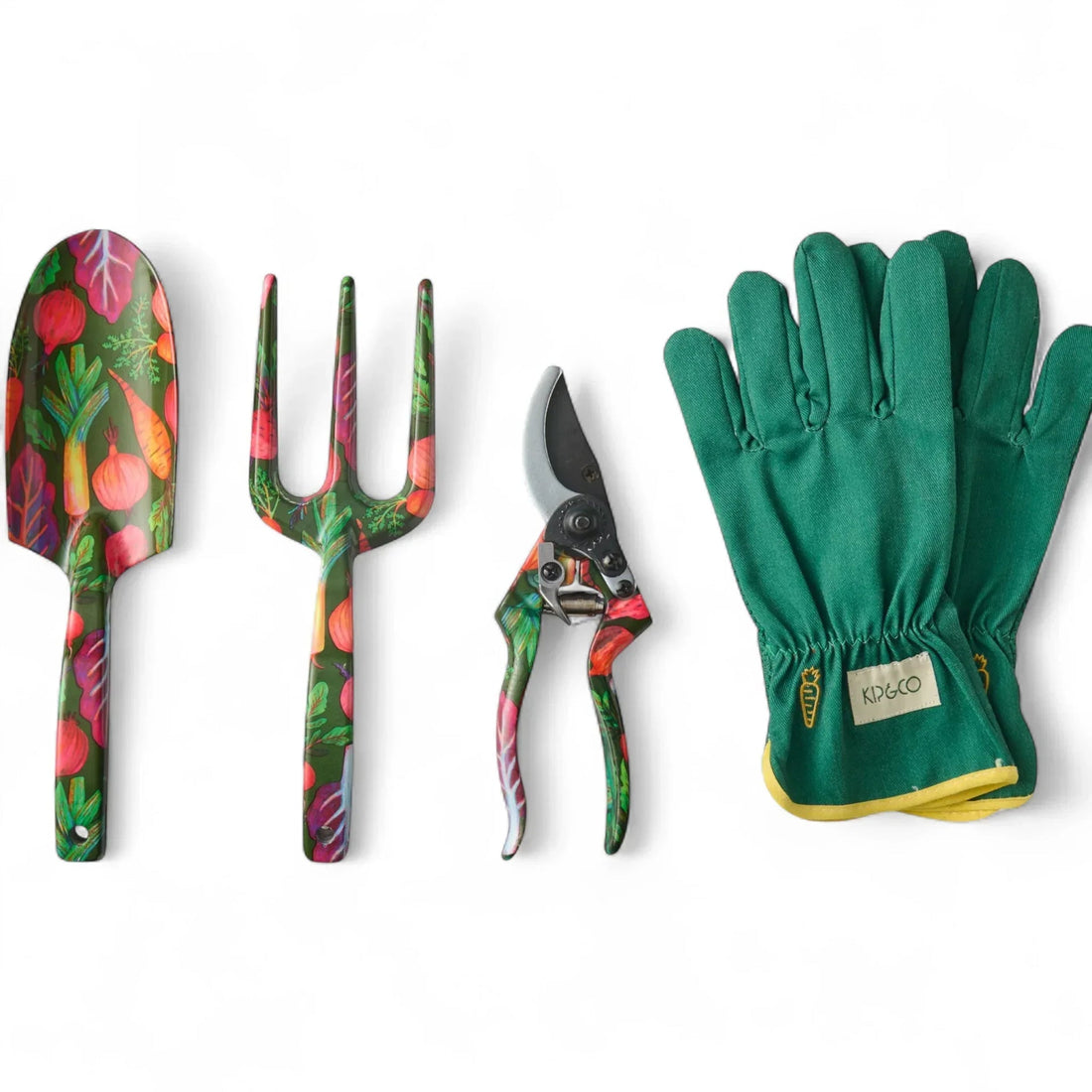 Colorful garden tools set with floral design and green gloves for gardening enthusiasts