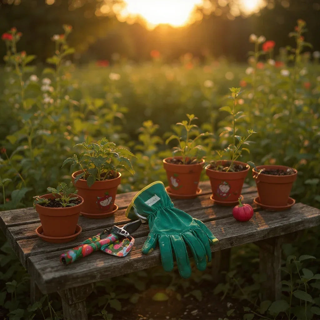 Terracotta pots with young plants, gardening gloves, and tools on rustic bench in garden at sunset