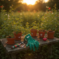 Terracotta pots with young plants, gardening gloves, and tools on rustic bench in garden at sunset