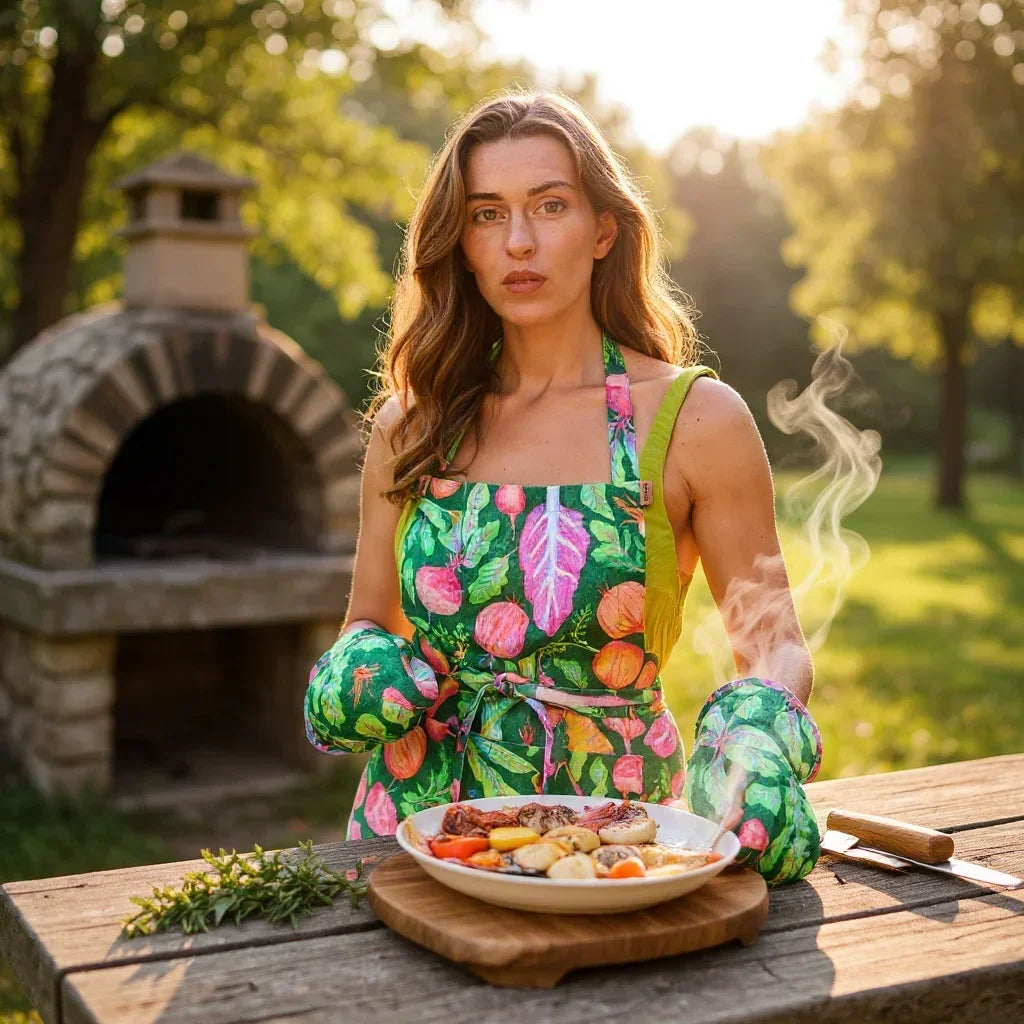 Woman in floral apron holding steaming grilled dish outdoors near stone oven