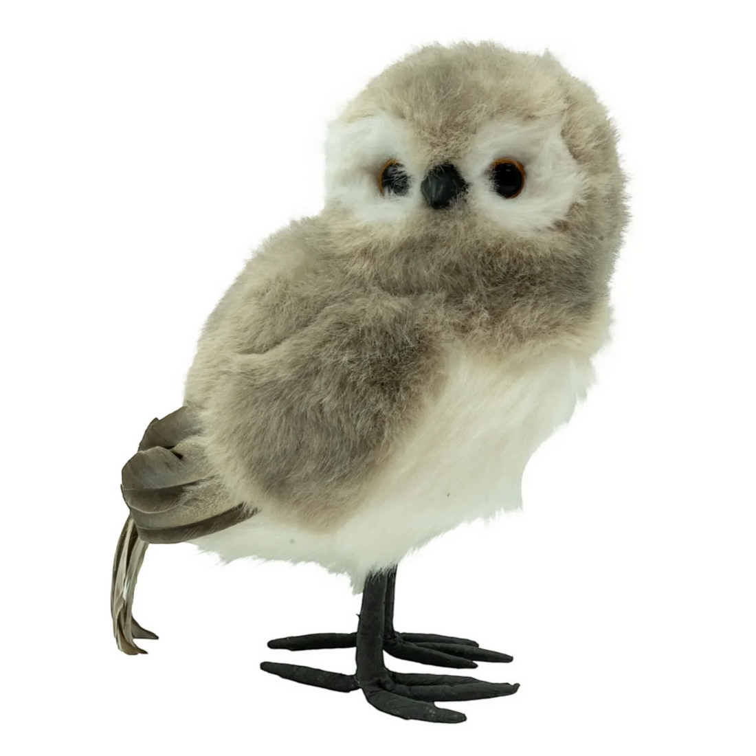 Fluffy grey and white owl figurine with black feet, perfect for home décor