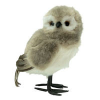 Fluffy grey and white owl figurine with black feet, perfect for home décor