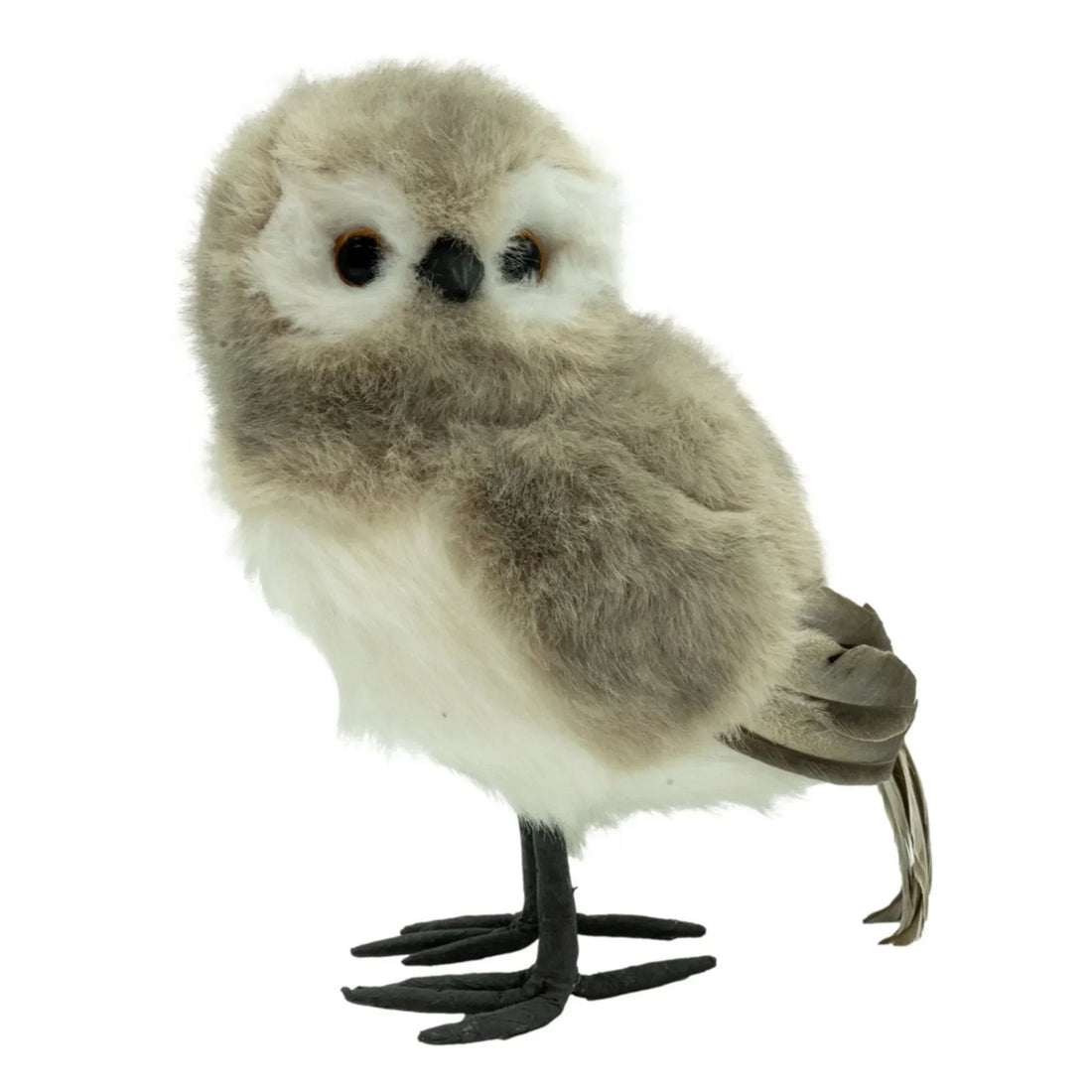 Fluffy grey and white owl figurine with black feet, perfect for home décor and vintage styling