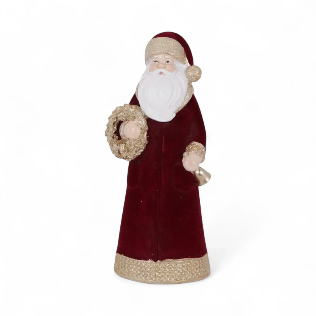 Velvet Santa figurine with gold trim, holding wreath and bell, festive holiday decor