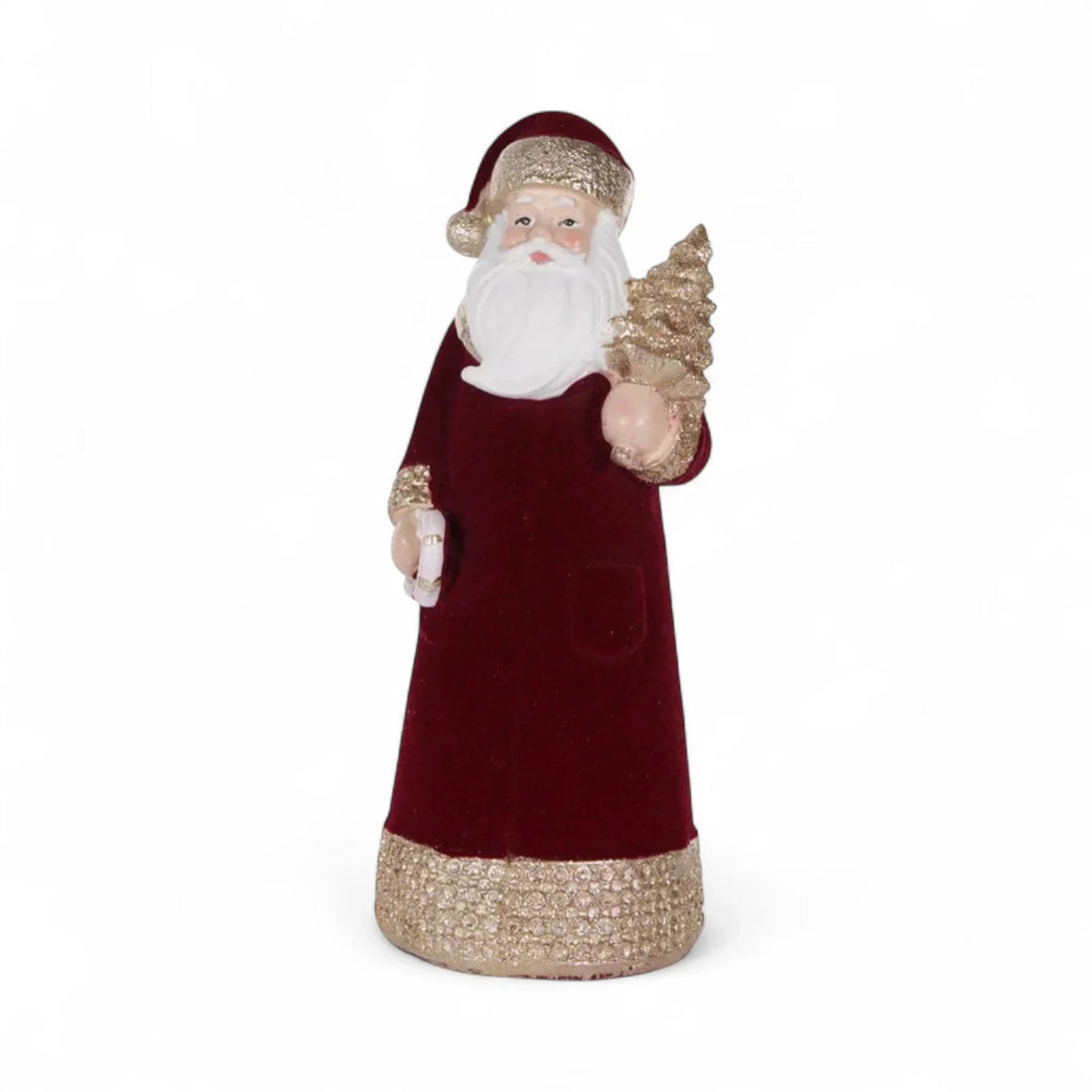 Velvet Santa Claus figurine with gold glitter trim, holding a mini tree and candy cane, festive holiday decor