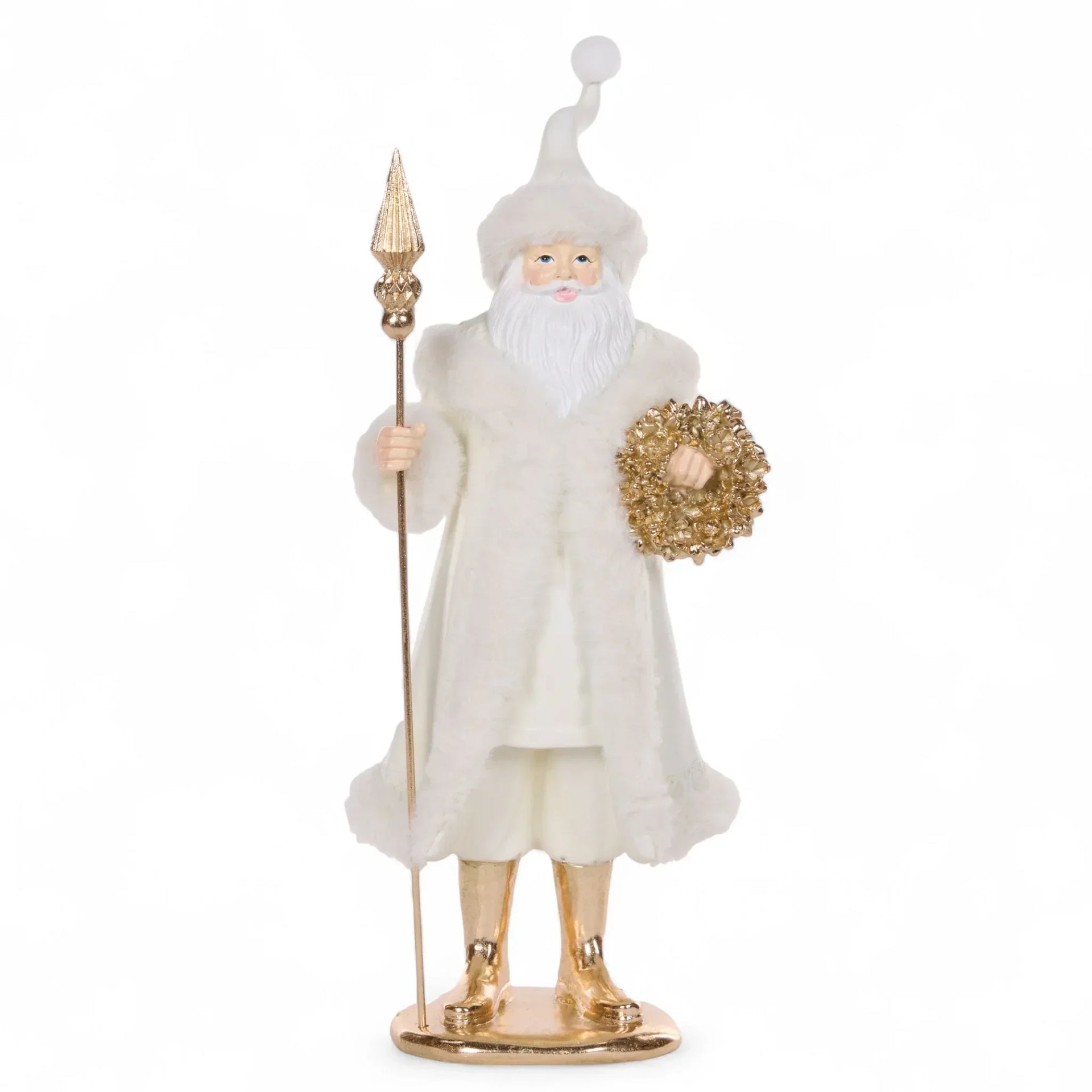 Elegant white Santa figurine with gold accents, holding a scepter and wreath, perfect for Christmas home décor.