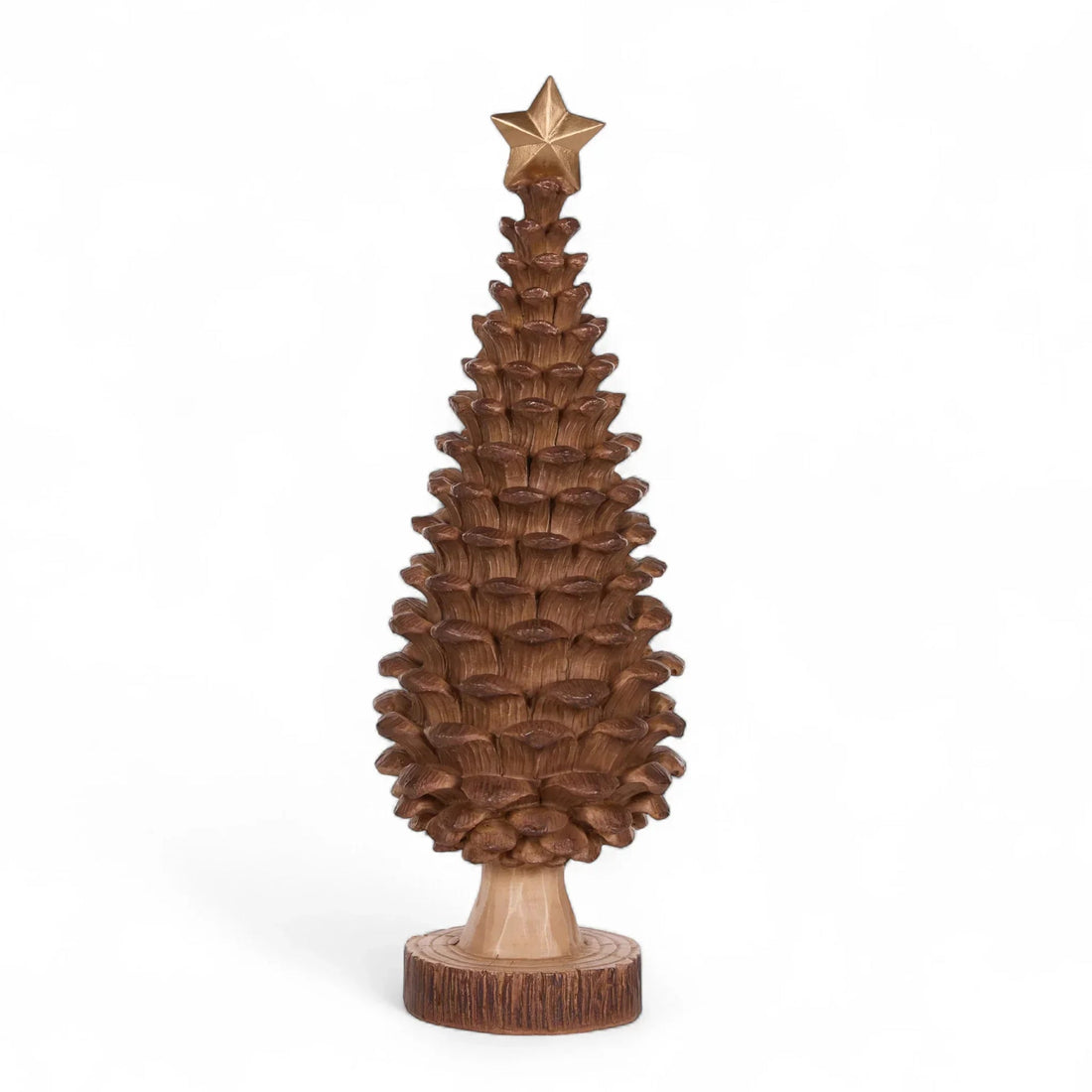 Wooden pinecone Christmas tree decoration with gold star topper, rustic holiday home decor