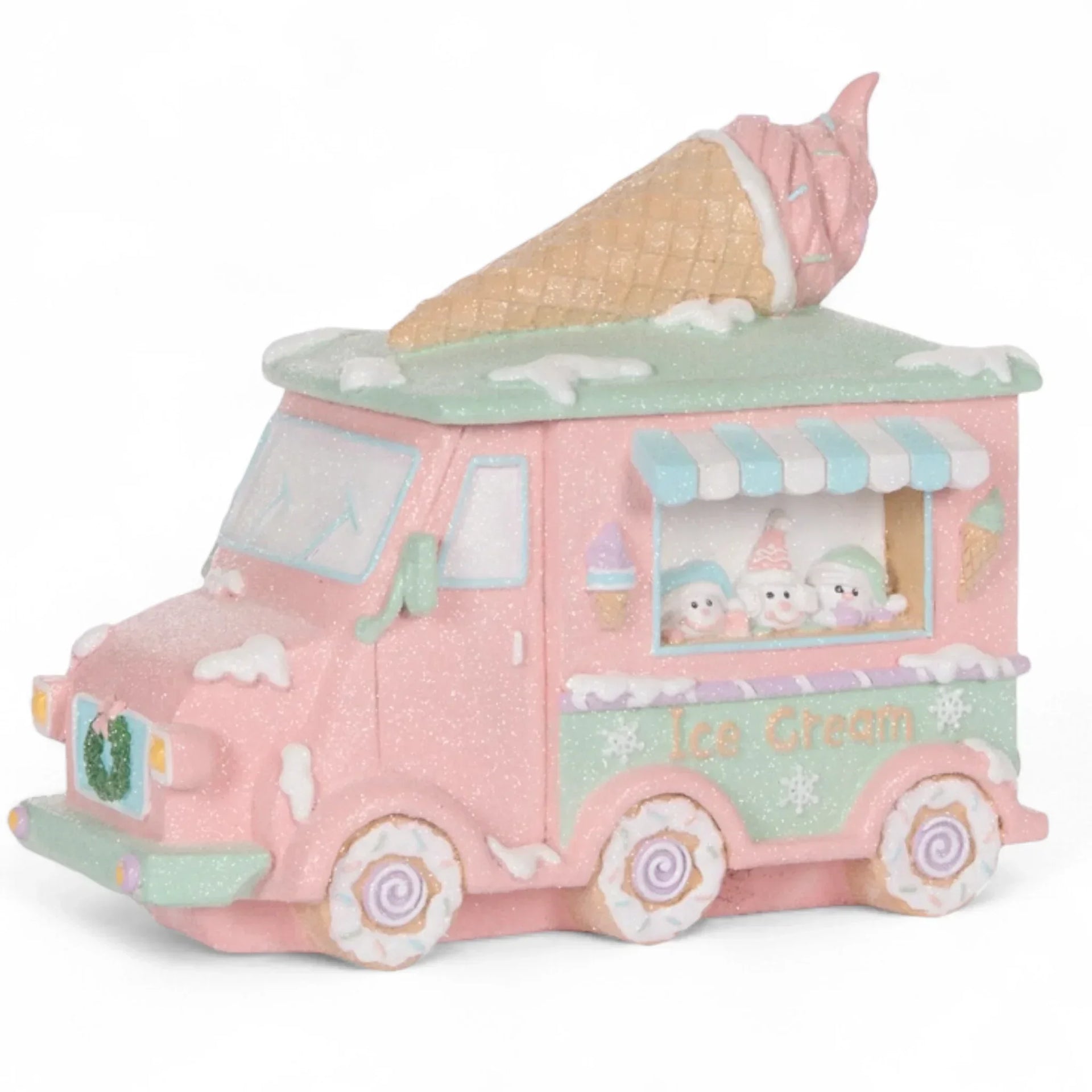 Pink glitter ice cream truck figurine with giant cone, snow details, and cute characters for home décor