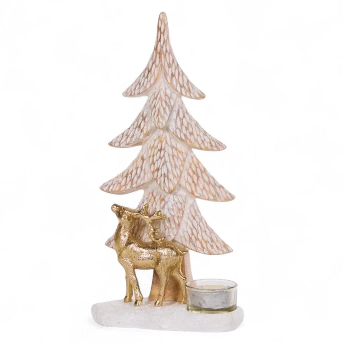 Gold deer beside textured white Christmas tree with candle holder, festive holiday decor