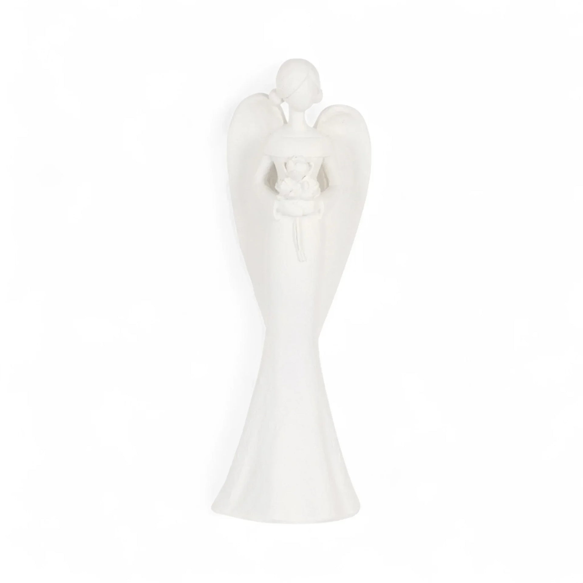 White angel figurine holding bouquet, elegant home décor accent for shelves or mantels
