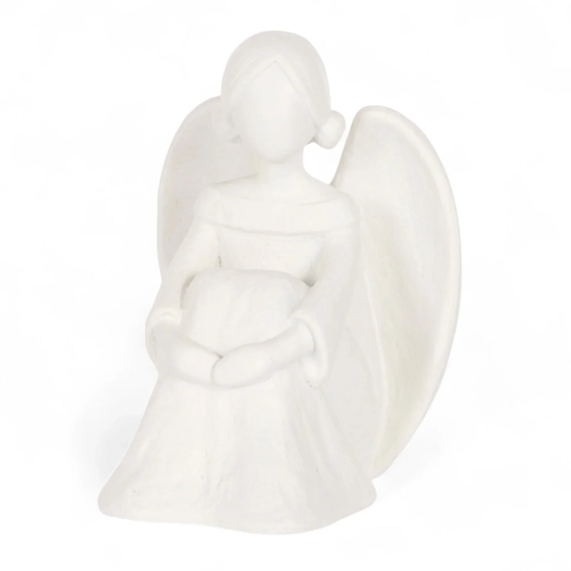 White ceramic angel figurine with wings, holding a heart, home décor accent piece