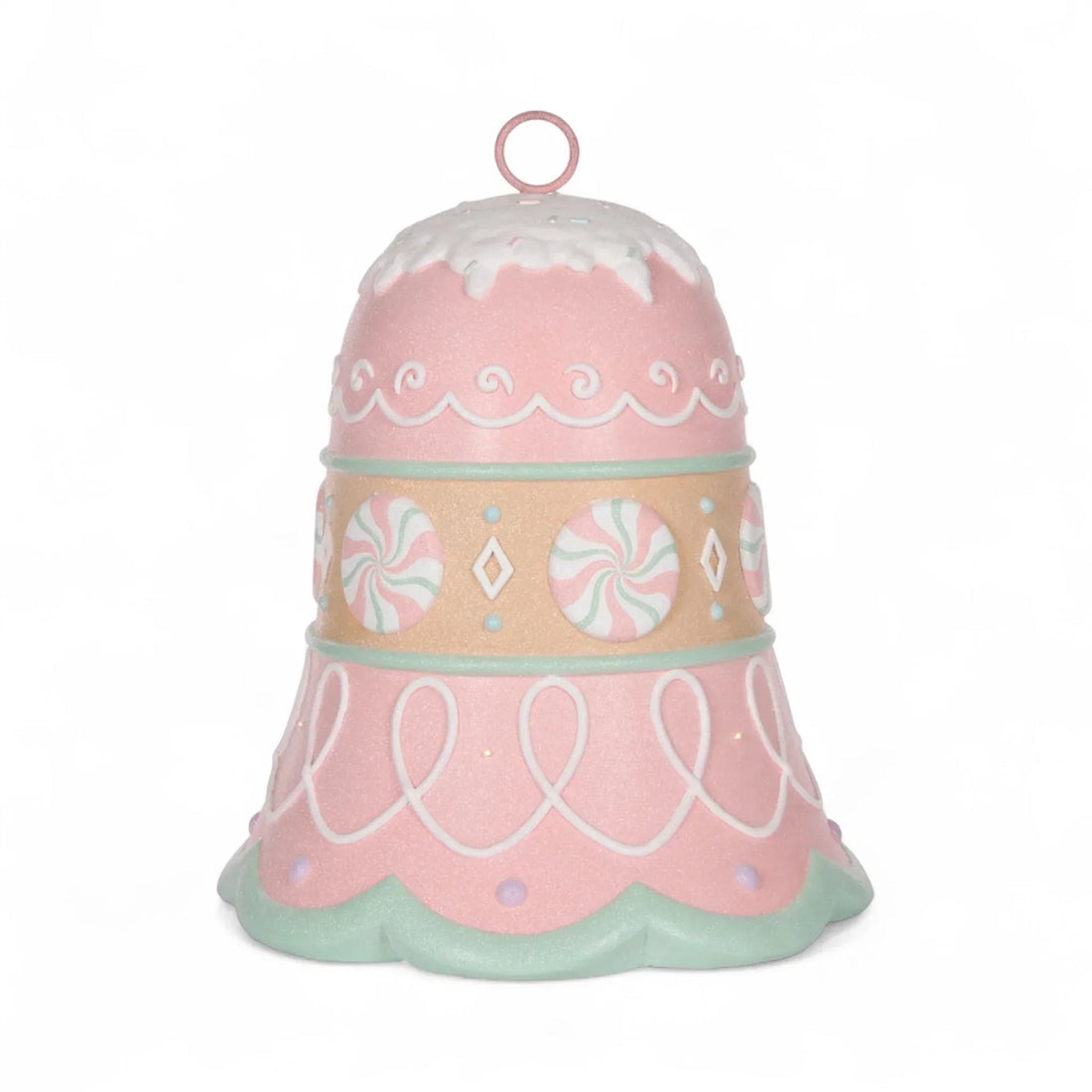 Pastel pink and mint bell ornament with candy swirls, perfect for festive home décor and holiday styling.