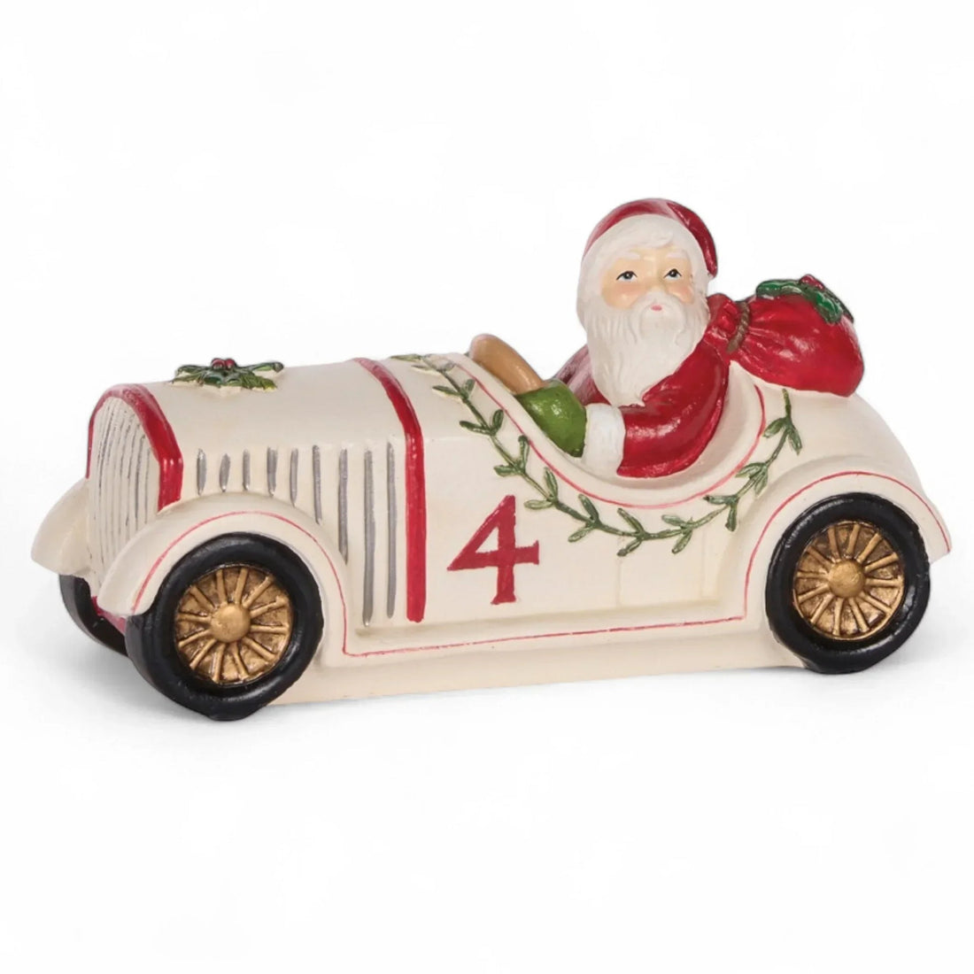 Santa Claus in vintage cream car with red number 4, holiday decor figurine