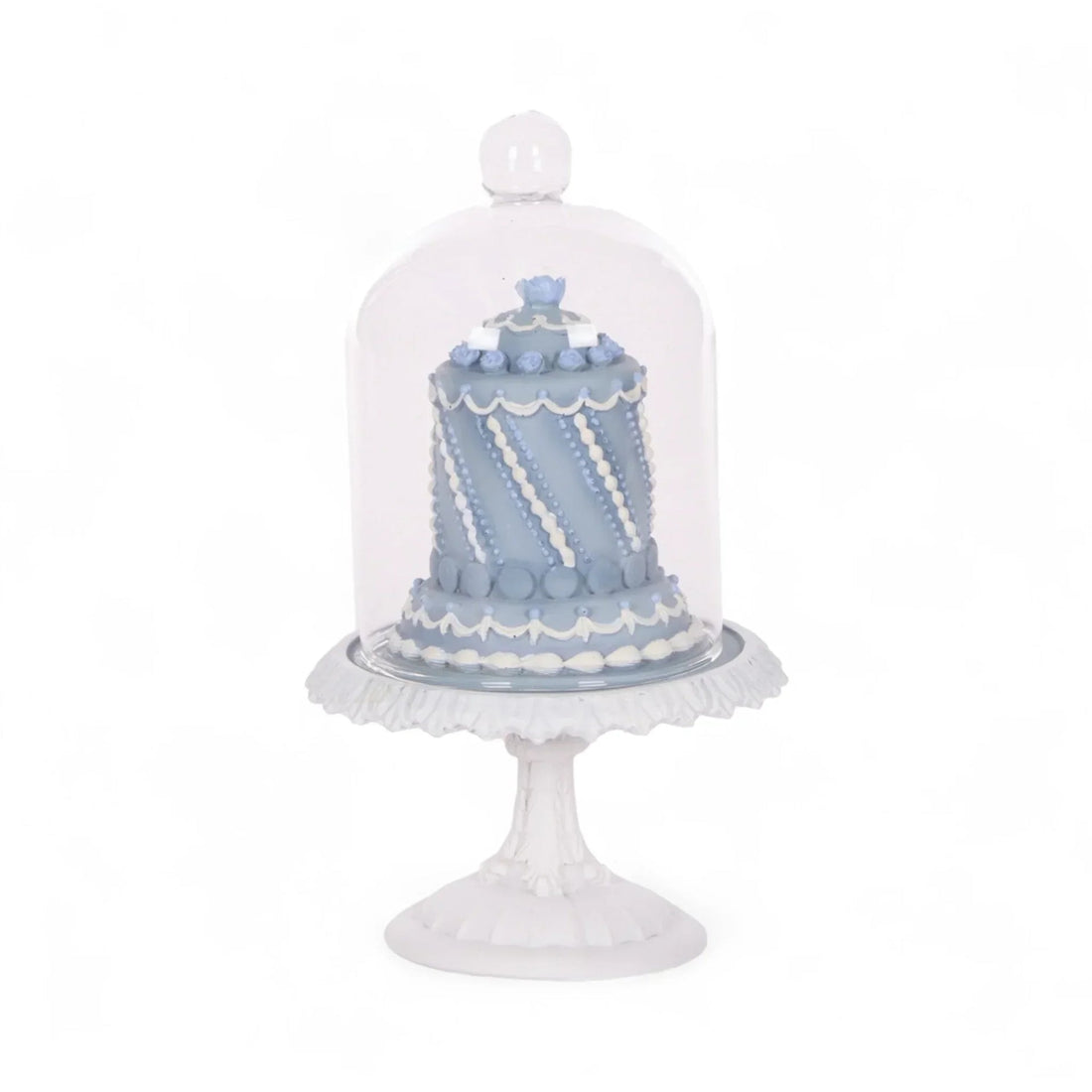 Elegant blue cake under glass dome on white pedestal, vintage home decor accent piece