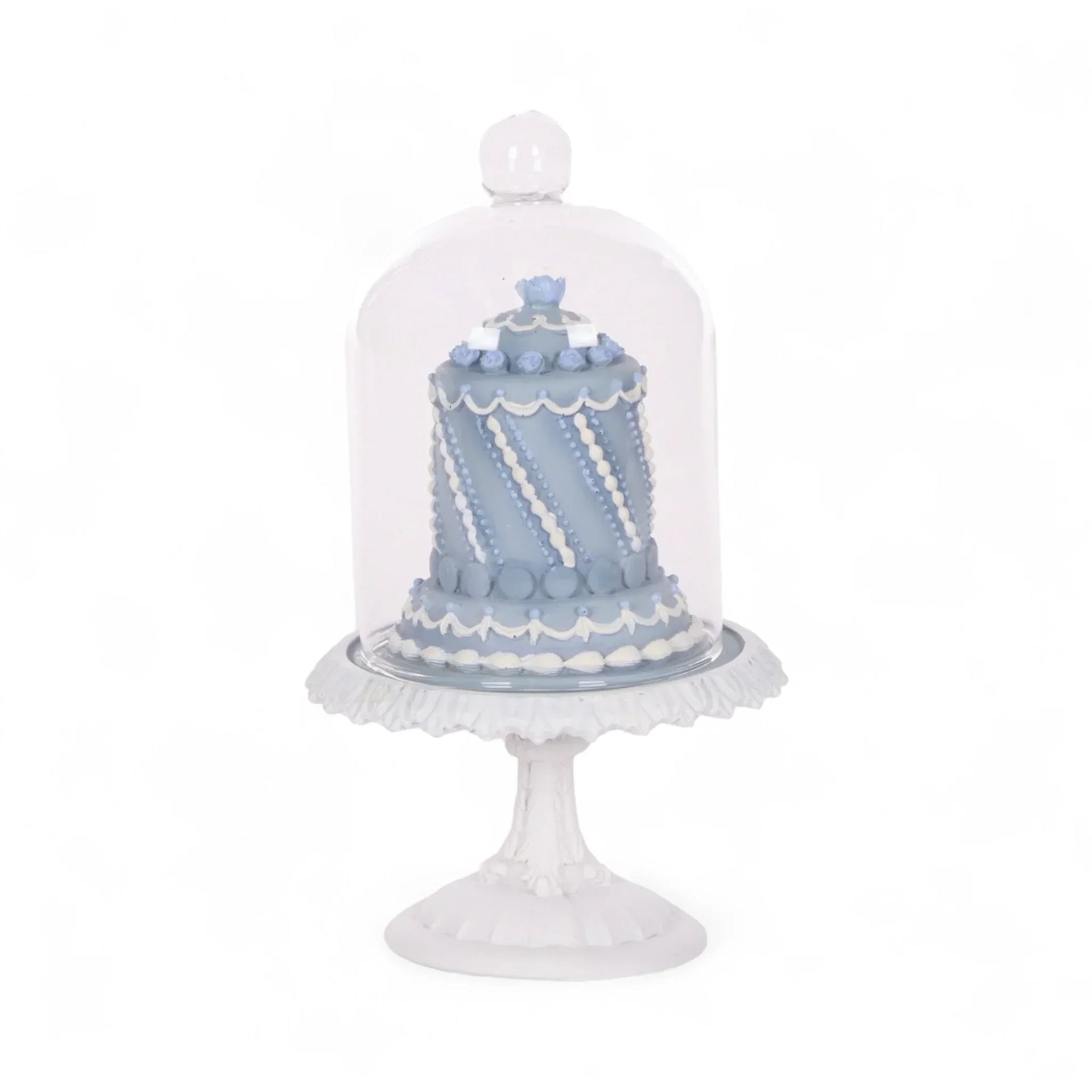 Elegant blue cake under glass dome on white pedestal, vintage home decor accent piece