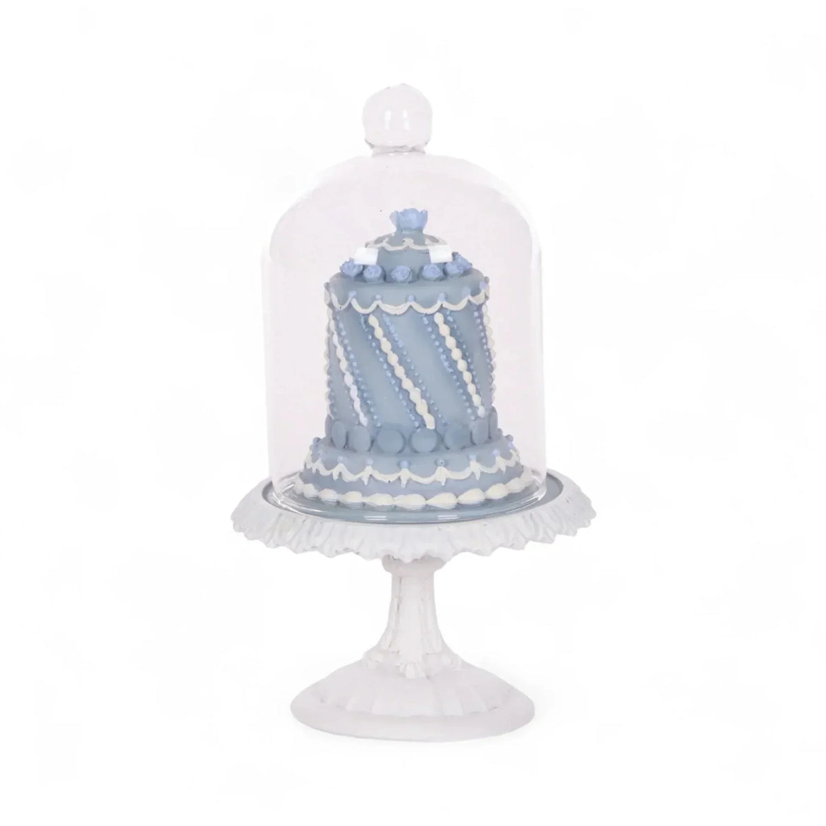 Elegant blue cake under glass dome on white pedestal, vintage home decor accent piece