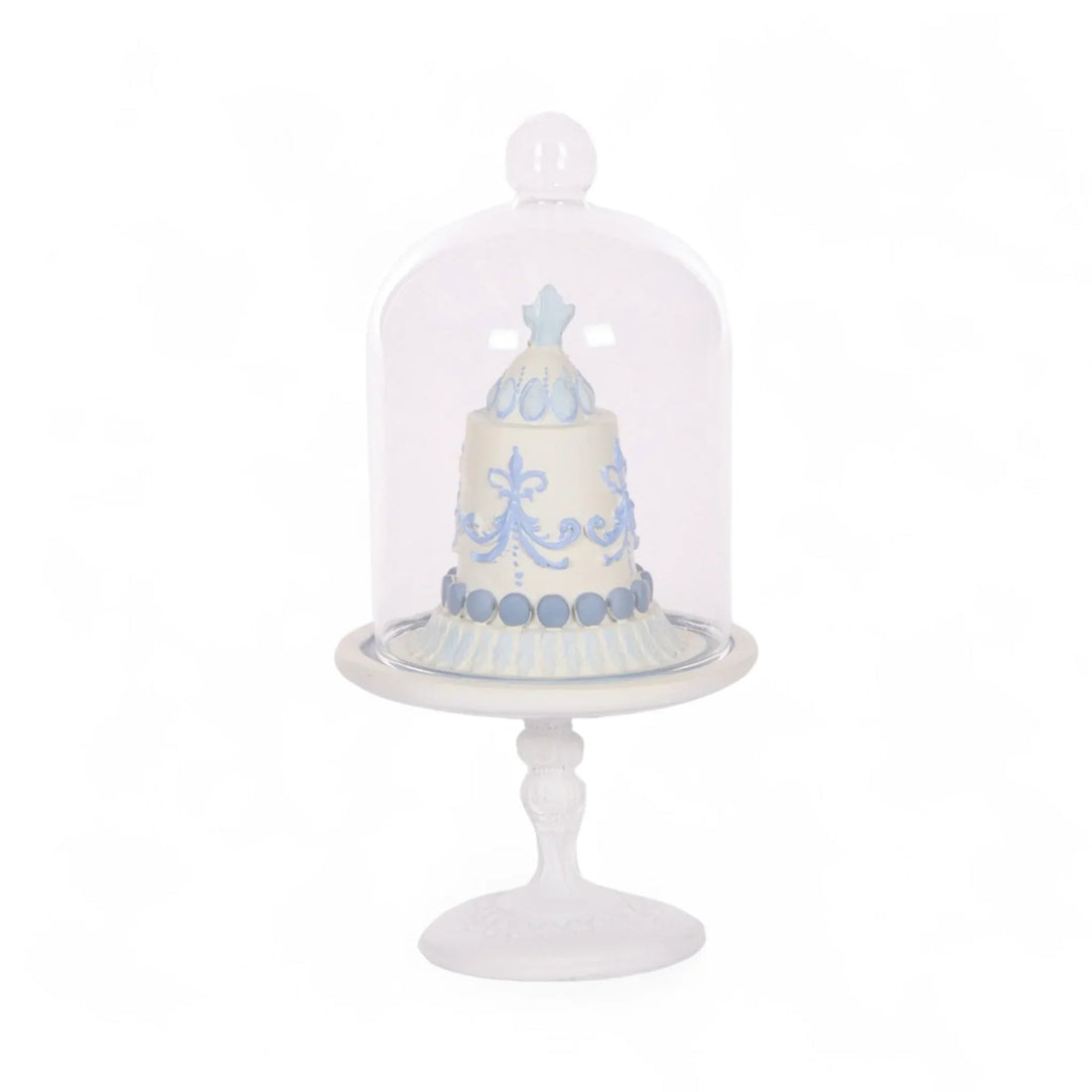 Elegant white cake stand with blue decorative cake under glass dome, perfect for home décor