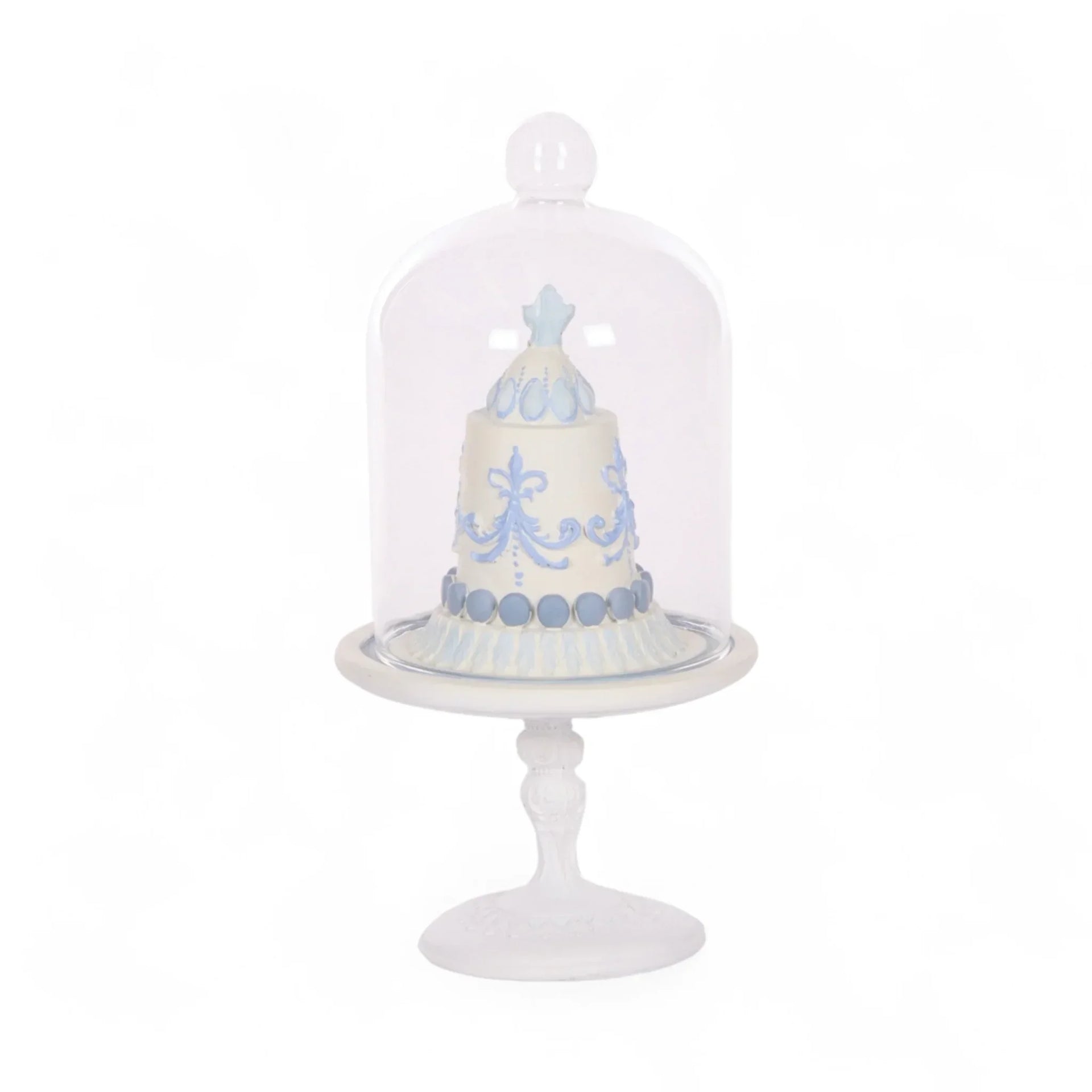 Elegant white cake stand with blue decorative cake under glass dome, perfect for home décor