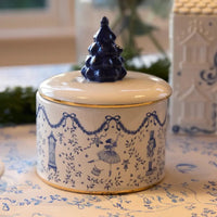 Blue and white ceramic box with Christmas tree lid, nutcracker, ballerina, and garland design for holiday home decor