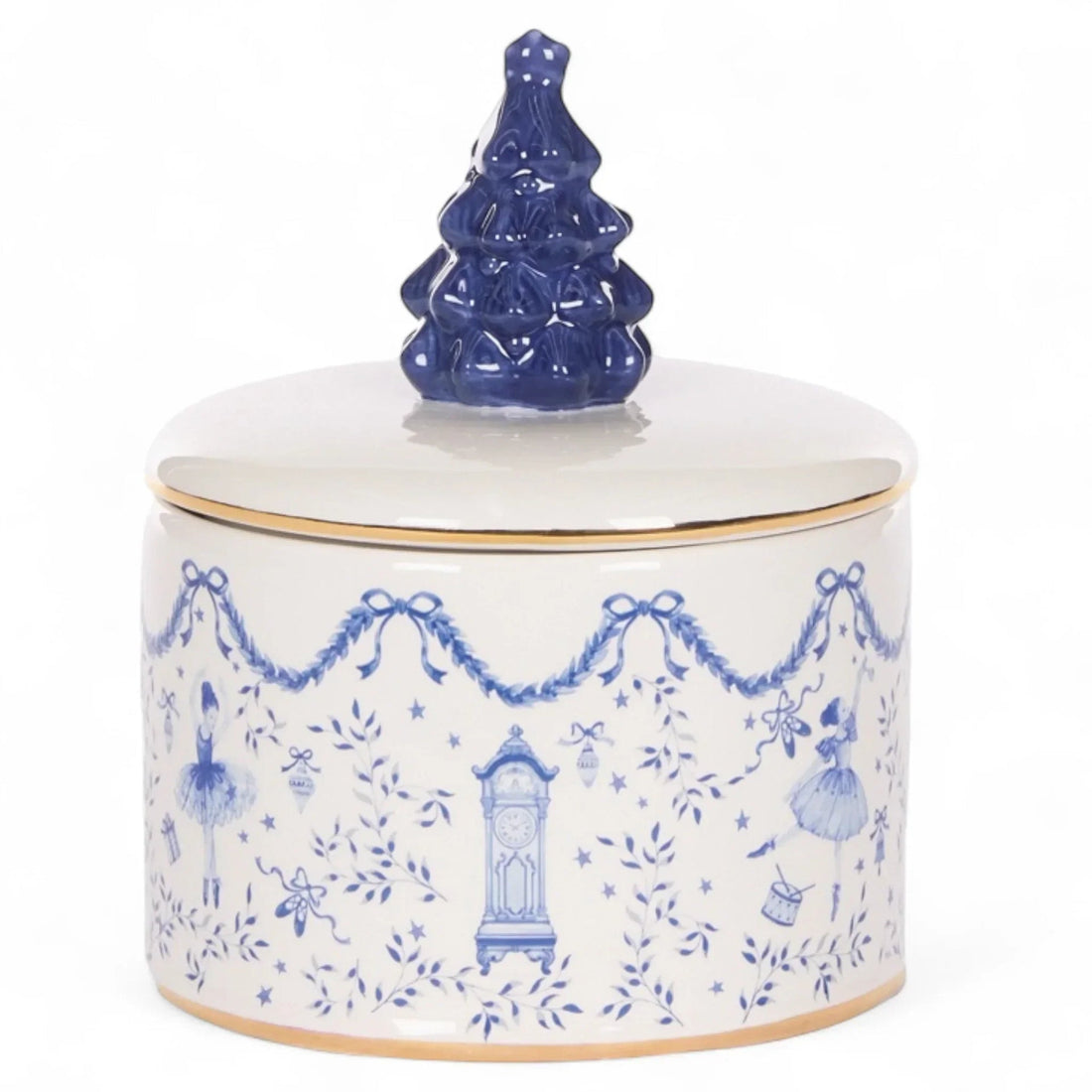 Blue and white ceramic jar with Christmas tree lid, ballerina and clock design, gold trim, holiday home decor