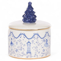 Blue and white ceramic jar with Christmas tree lid, ballerina and clock design, gold trim, holiday home decor