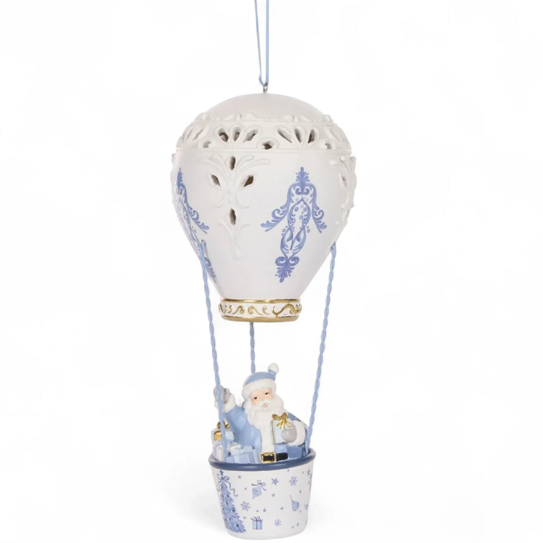 White and blue porcelain hot air balloon ornament with Santa, perfect for Christmas home décor and festive hanging display.