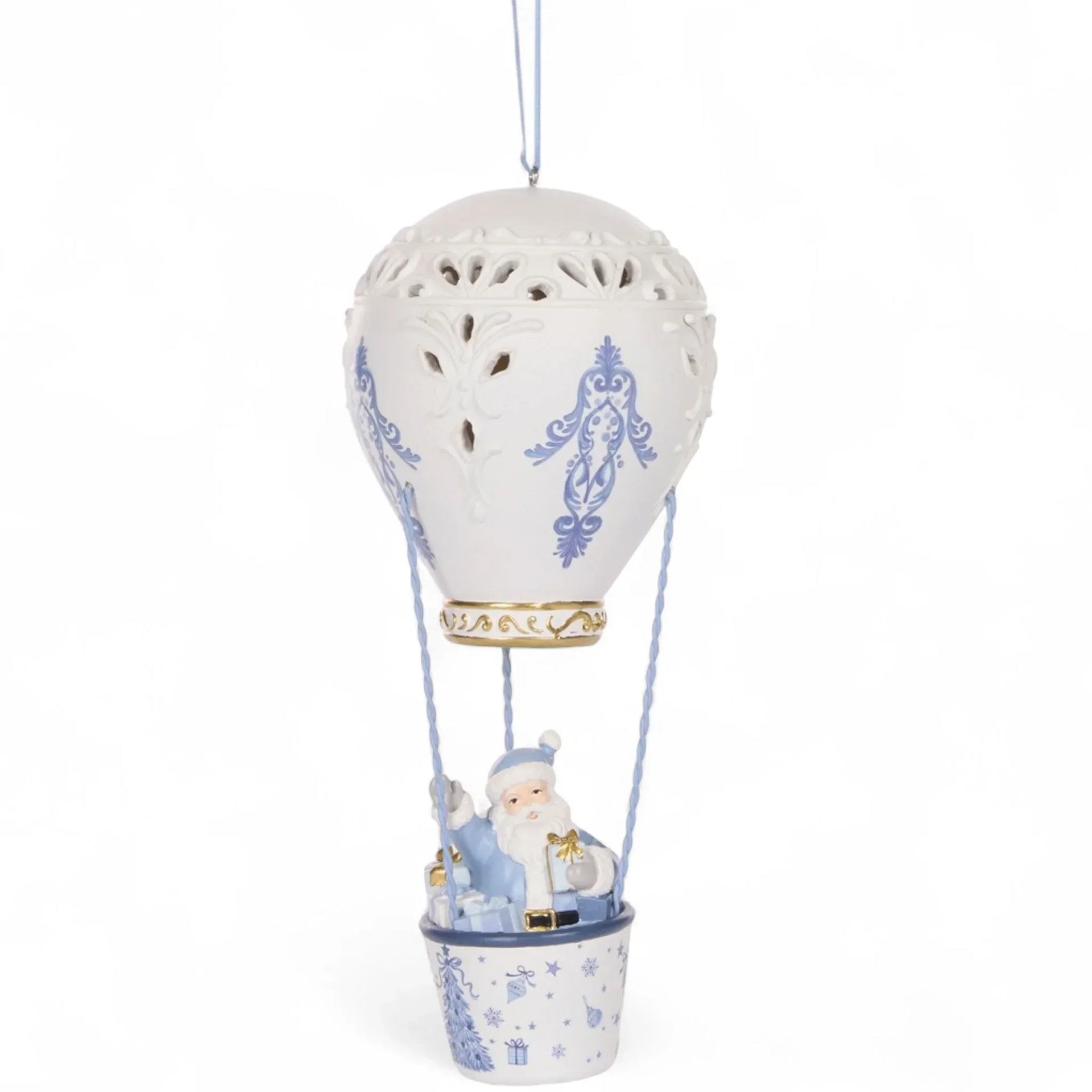 White and blue porcelain hot air balloon ornament with Santa, perfect for Christmas home décor and festive hanging display.
