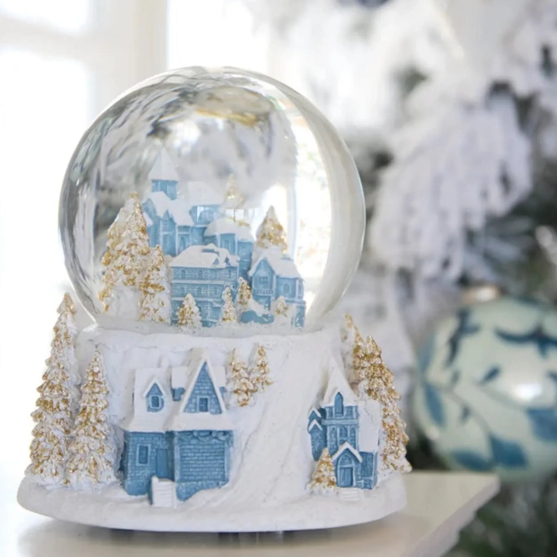 12cm Musical Blue and White Village Snow Globe