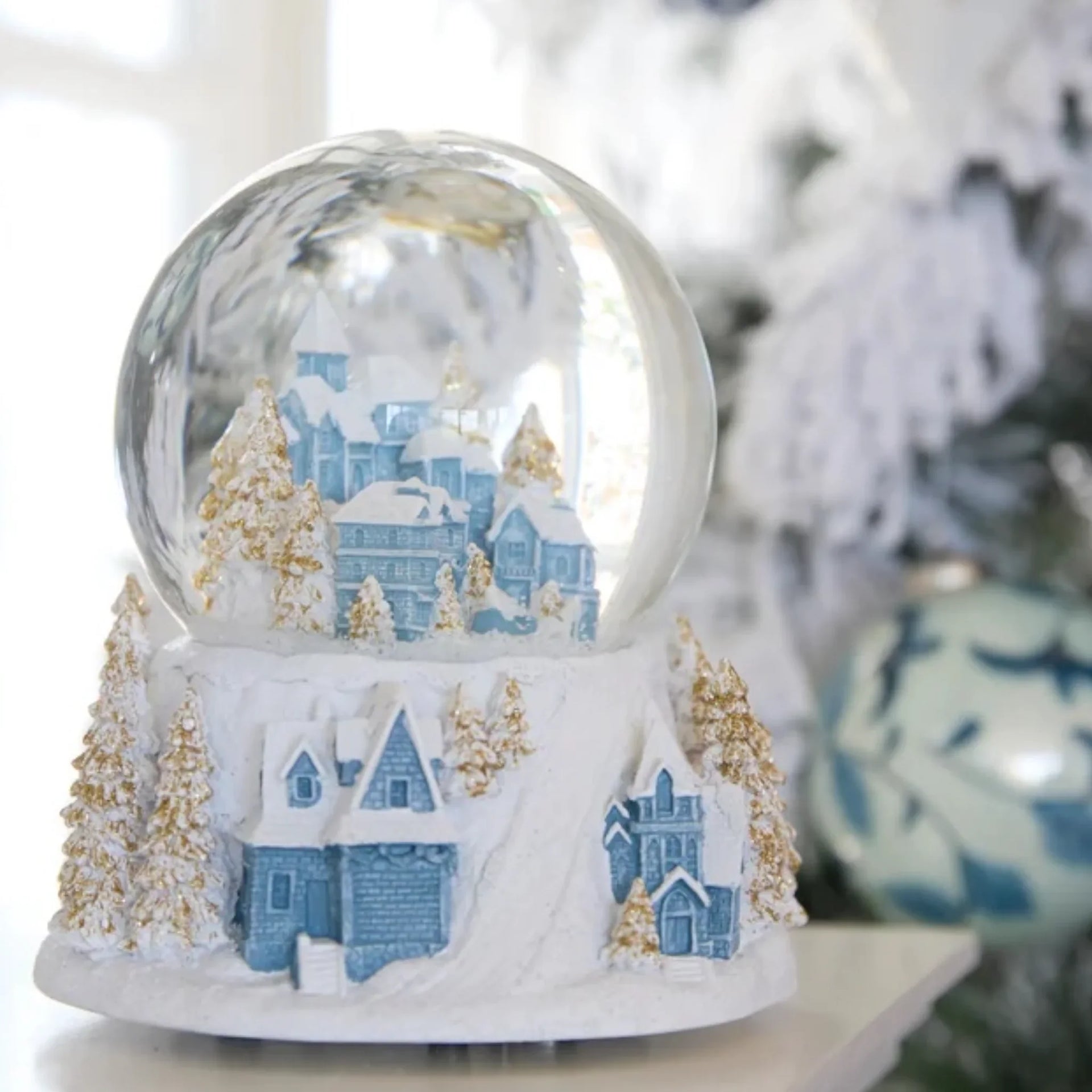 12cm Musical Blue and White Village Snow Globe
