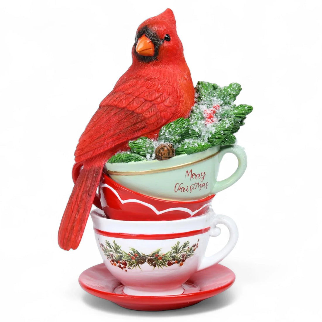 Red Cardinal Sitting On Stacking Cups