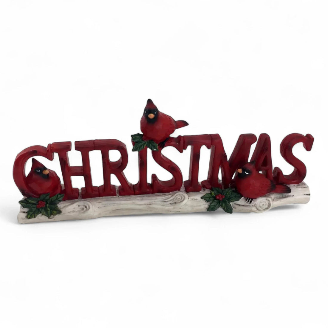 Red Christmas sign with cardinal birds and holly, festive holiday home decor