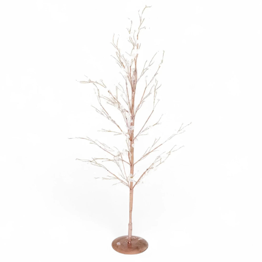Rose gold LED blossom tree with white flowers, elegant home décor for living room or entryway