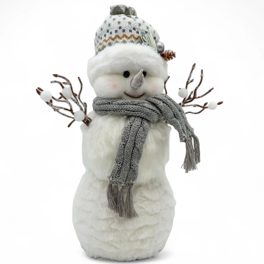 Festive snowman decoration with knit hat, scarf, and berry branches for holiday home décor