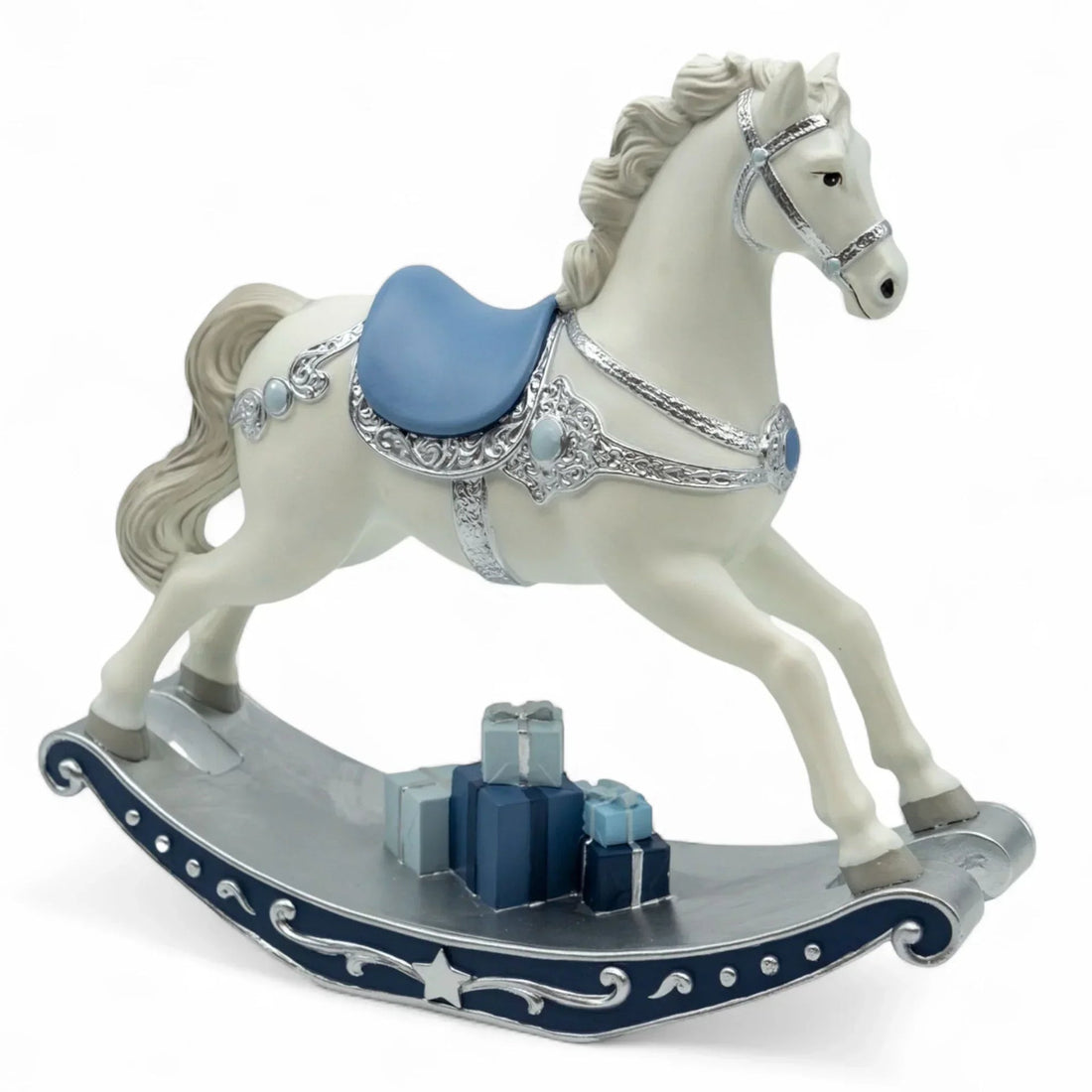 Elegant white rocking horse with blue saddle, silver accents, and gift boxes on base – perfect home décor
