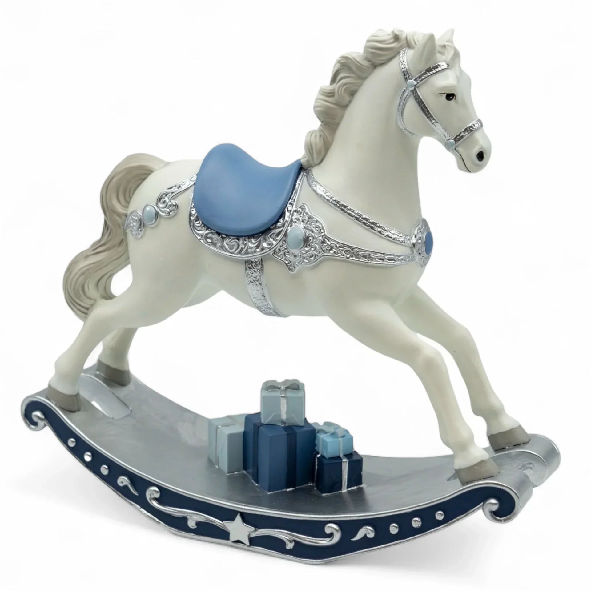 Elegant white rocking horse with blue saddle, silver accents, and gift boxes on base – perfect home décor
