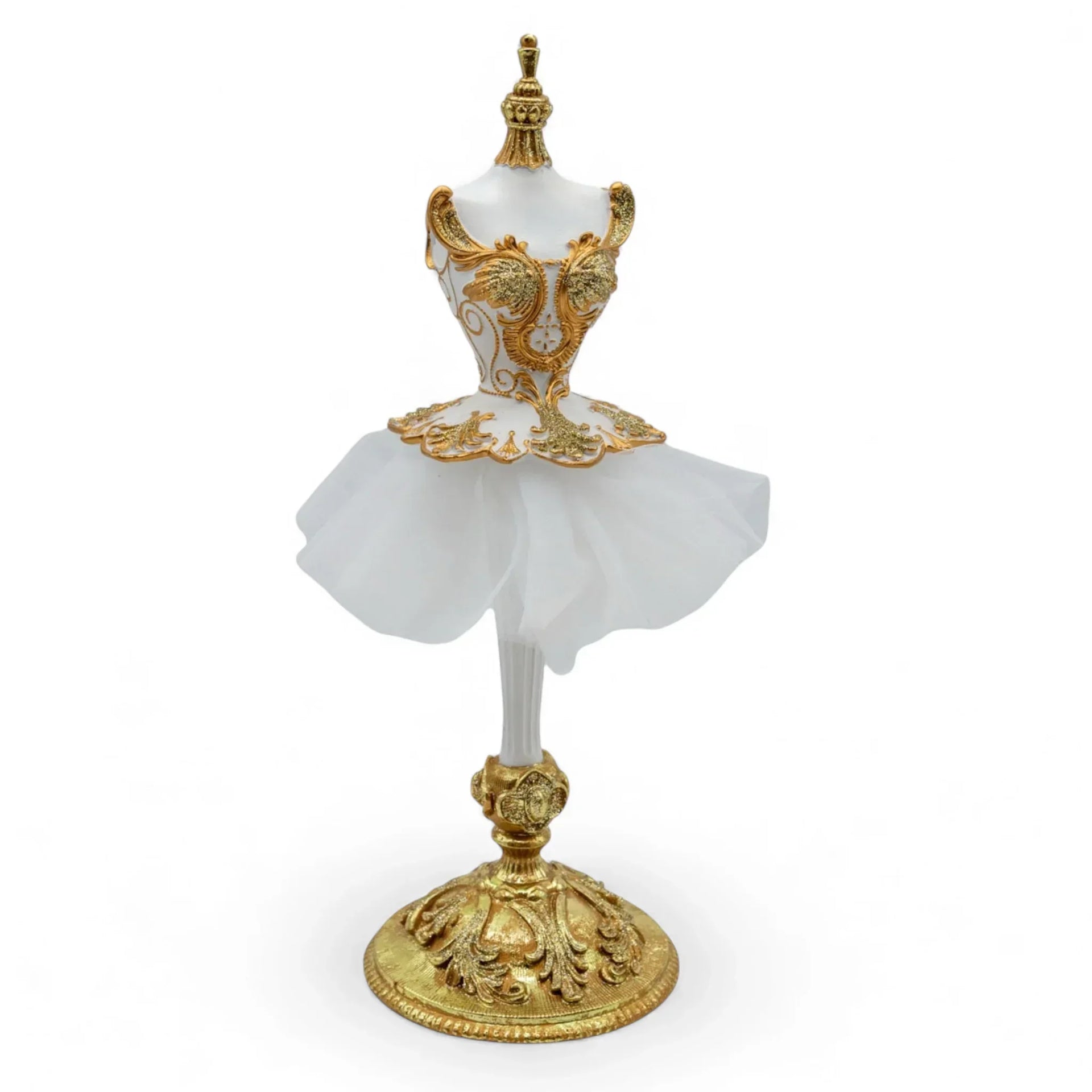 Elegant white ballet tutu on ornate gold mannequin stand, luxury home décor accent piece