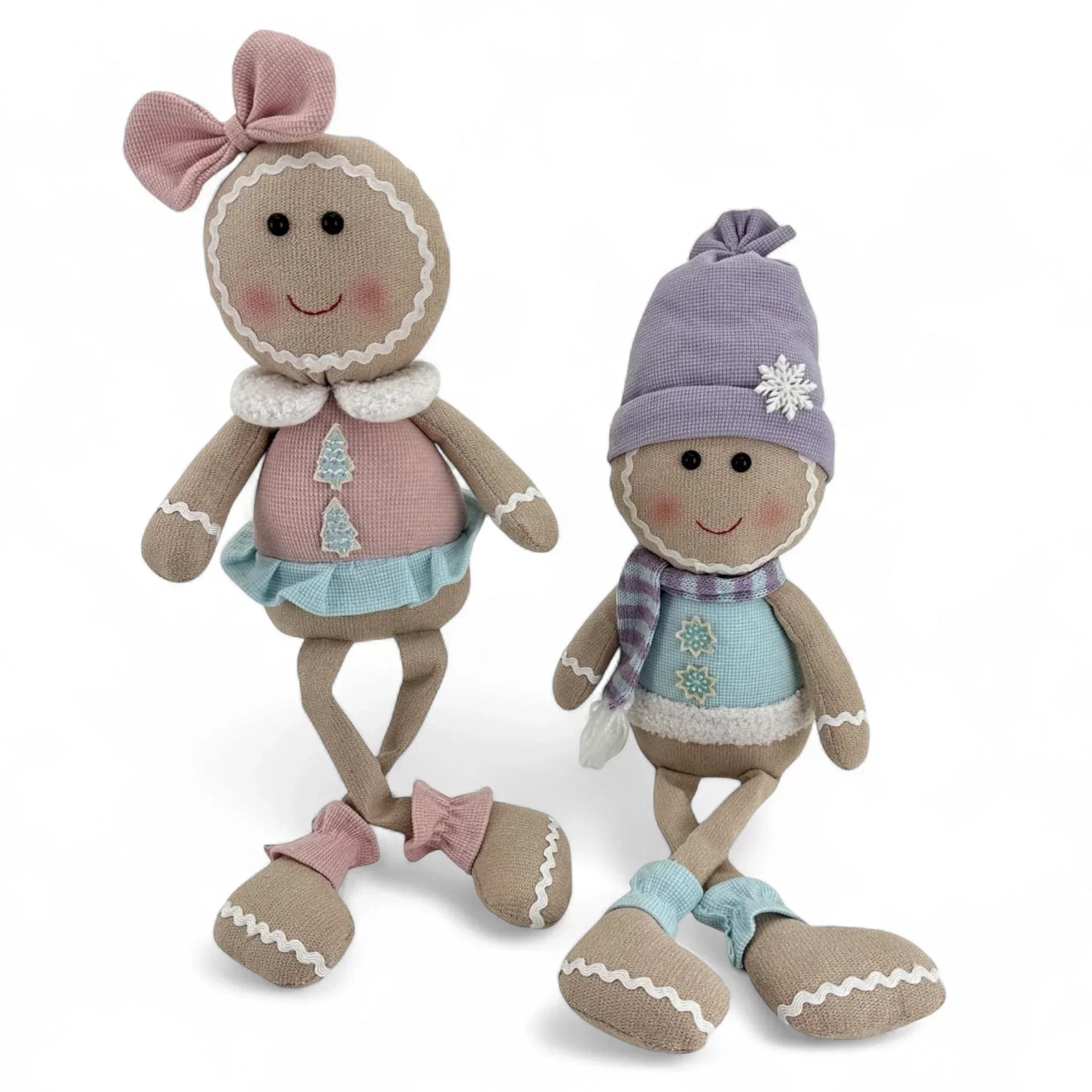 Charming fabric gingerbread doll set with festive outfits, perfect for holiday home décor and Christmas decorations.