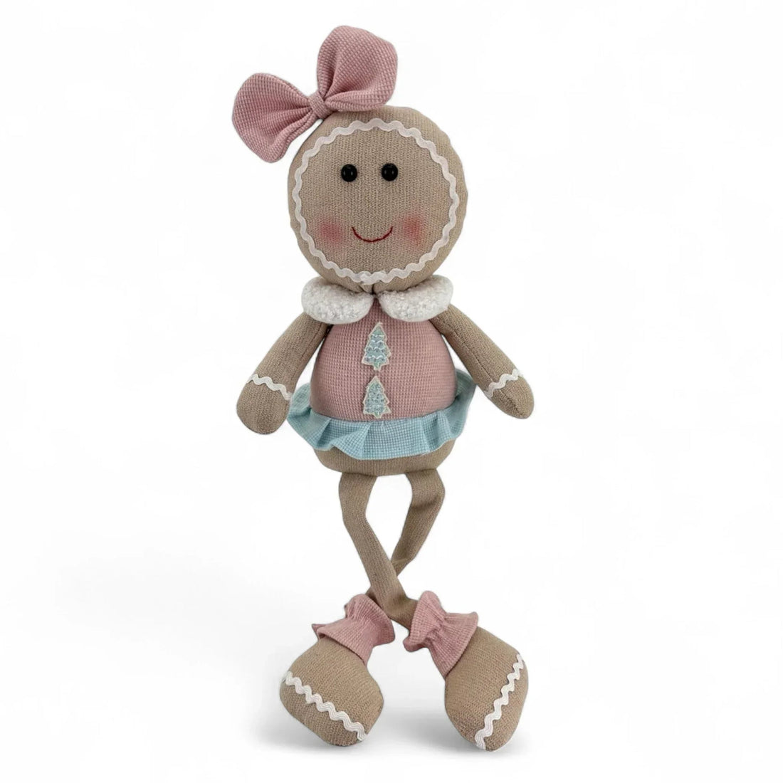 Charming fabric doll with pink bow, festive dress, and holiday tree design for home décor