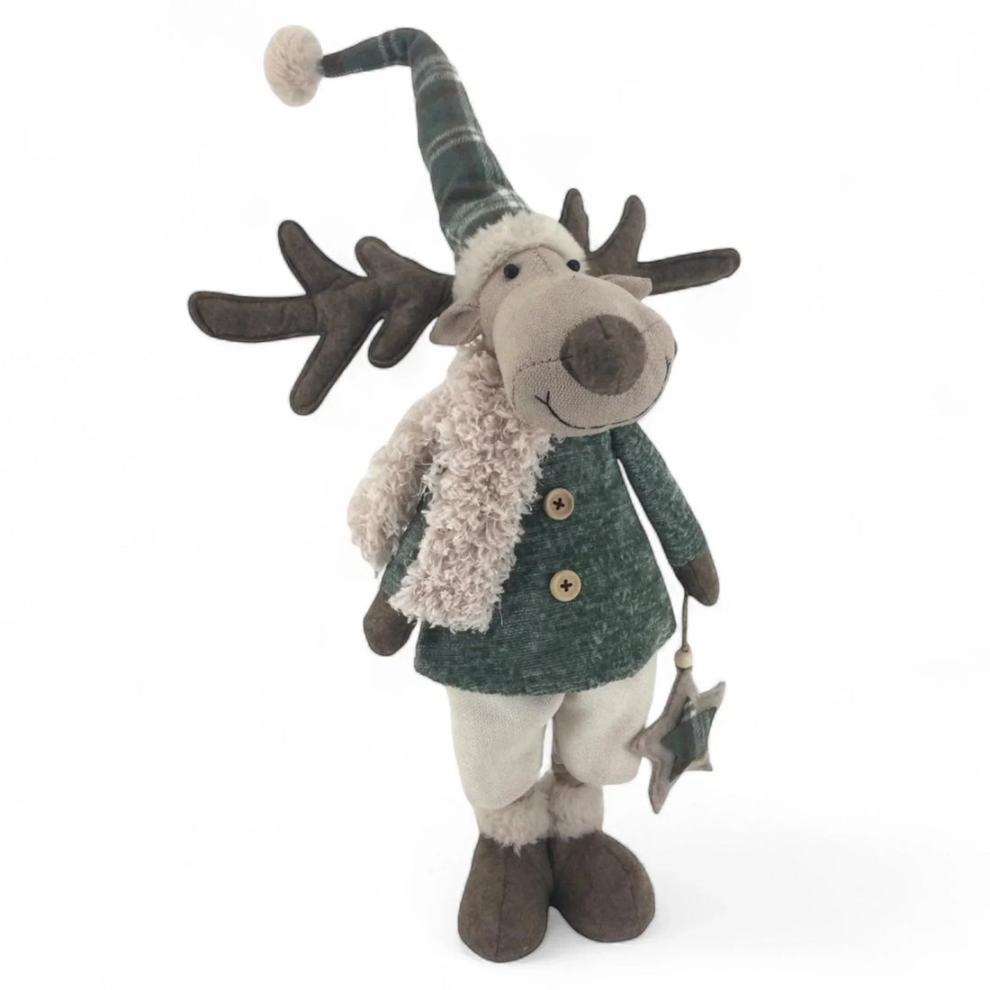 Charming plush reindeer decoration in green coat, plaid hat, and fluffy scarf, holding star ornament for festive home décor