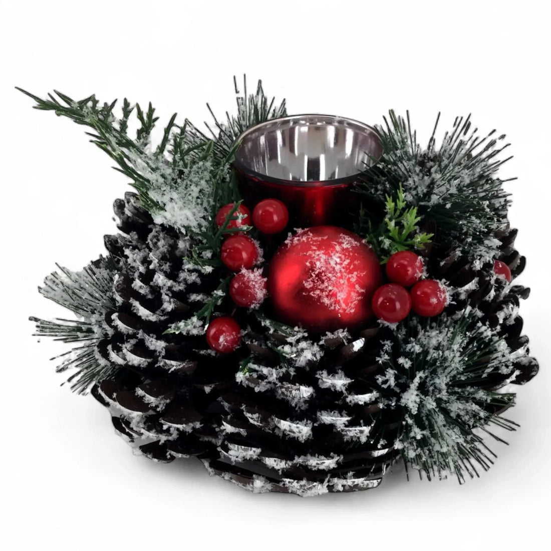 Frosted pinecone centerpiece with red ornaments and candle holder for holiday decor