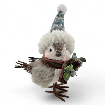 Festive bird figurine wearing a knitted hat and scarf, holding pinecone and leaves, perfect for holiday home décor.