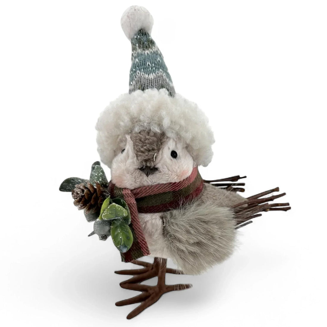 Festive bird figurine wearing knit hat and scarf, holding pinecone & greenery, holiday home decor