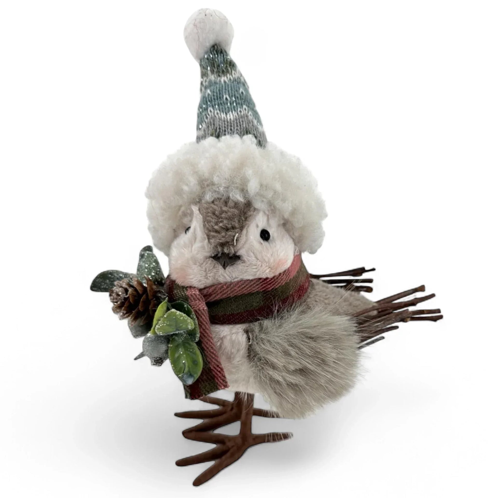 Festive bird figurine wearing knit hat and scarf, holding pinecone & greenery, holiday home decor