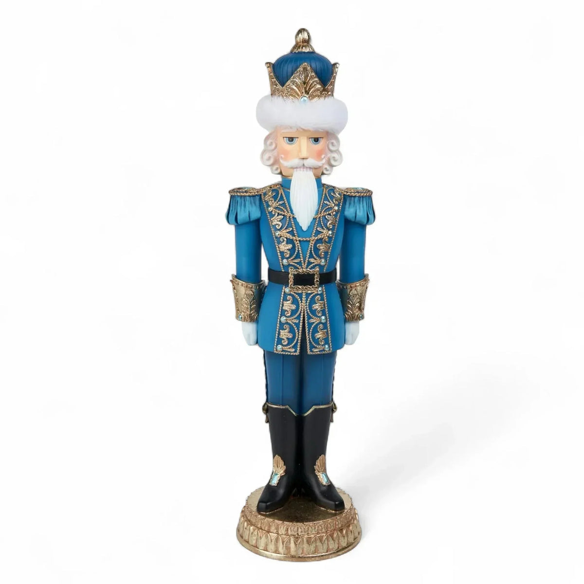 Blue and gold nutcracker soldier figurine with crown, festive holiday decor for home