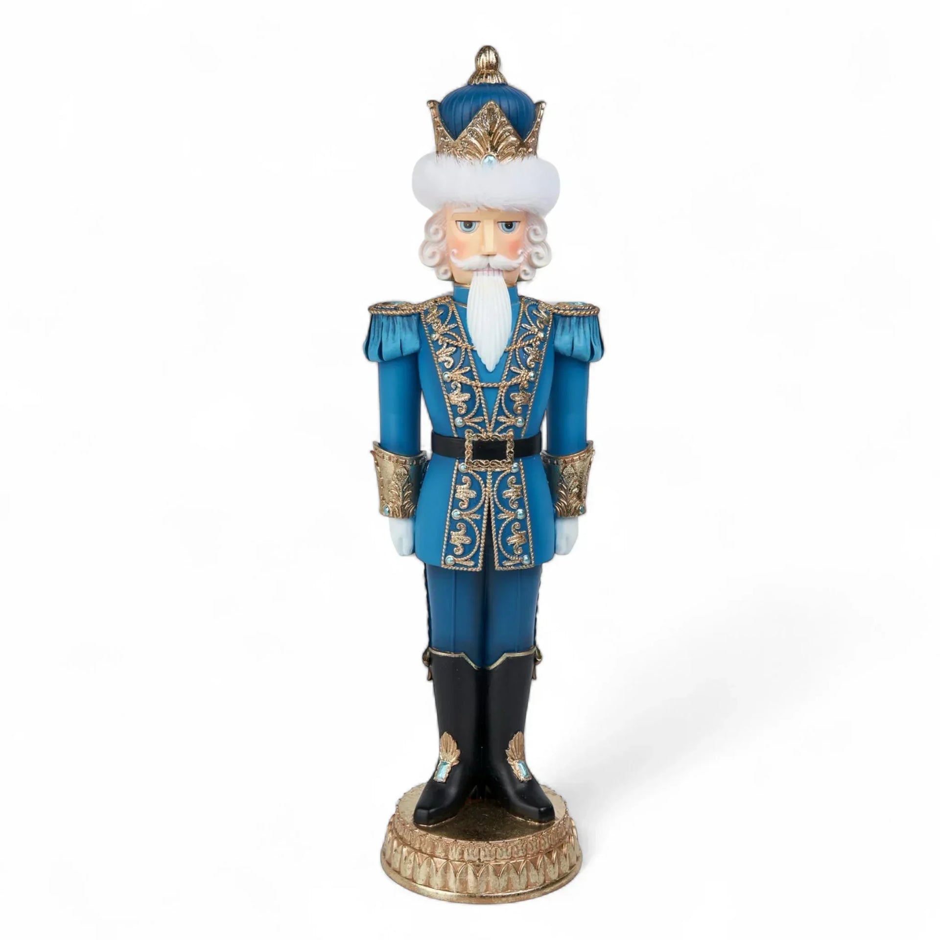Blue and gold nutcracker soldier figurine with crown, festive holiday decor for home